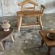 Small brutalist bench with backrest and armrests in Asian blonde teak H67 L6
