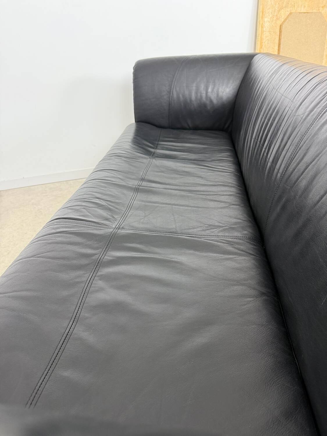 Old 3-seater sofa in tubular and black leather by Kébé, Denmark 1970s
