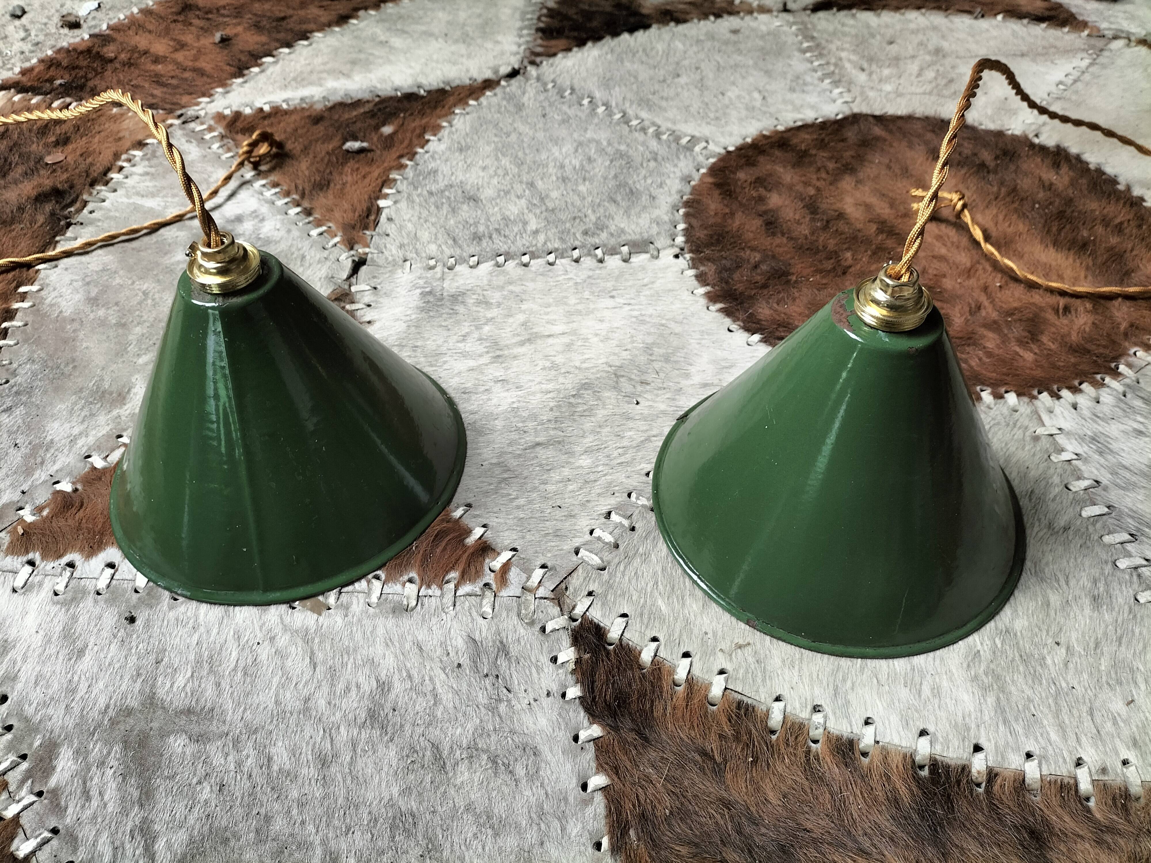 2 enameled sheet metal cone pendants