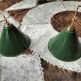 2 enameled sheet metal cone pendants