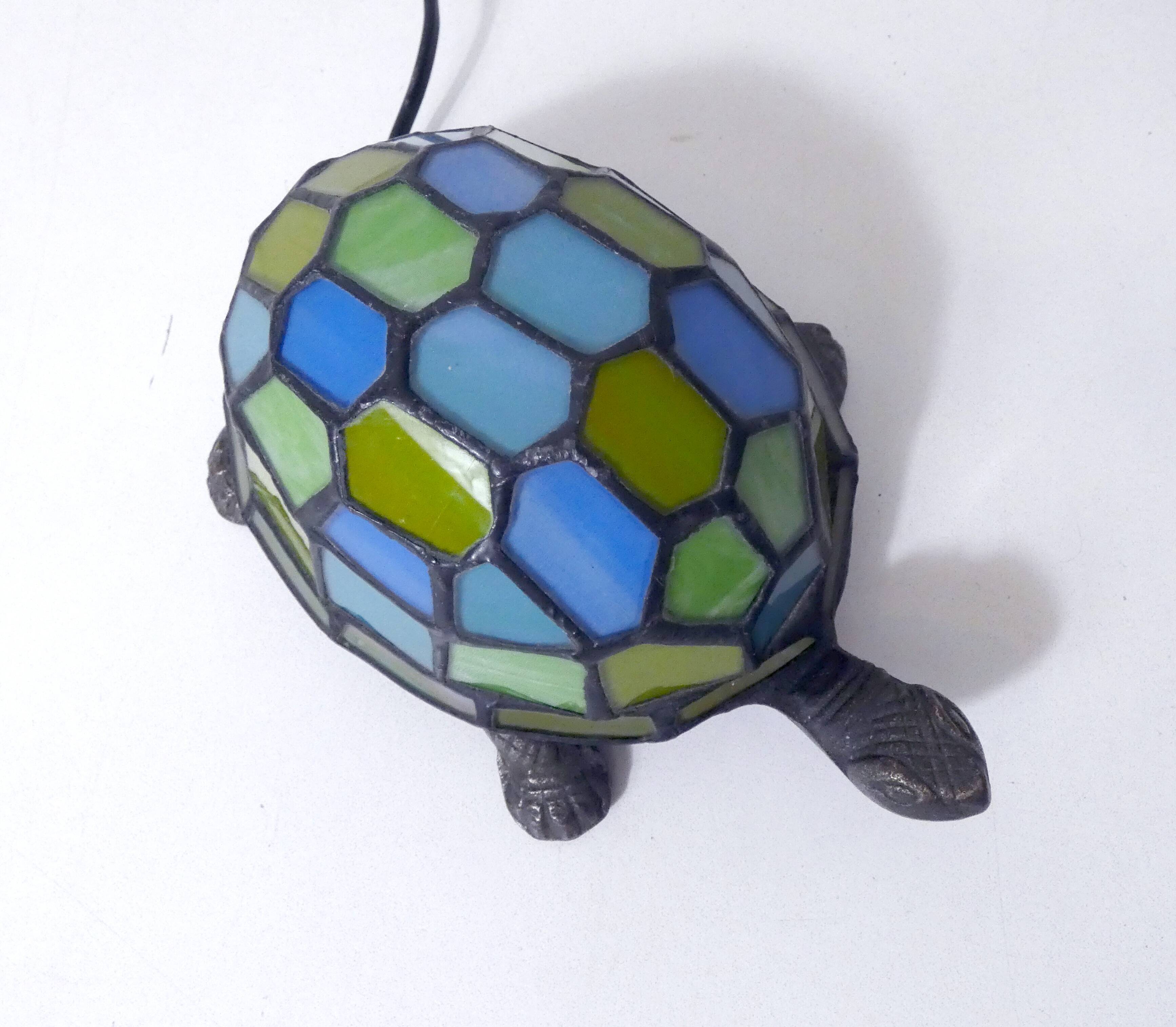 Tiffany style turtle lamp in vintage blue-green glass paste
