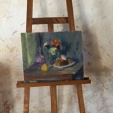Old painting, oil on wood, still life with wine decanter, fruit cup and bouquet of flowers