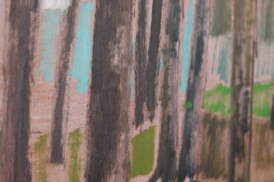 Original mid-century Swedish oil on panel – “Tree Trunks” by Harry Wichmann – dated 1953 – vintage & framed – 69 × 71 cm