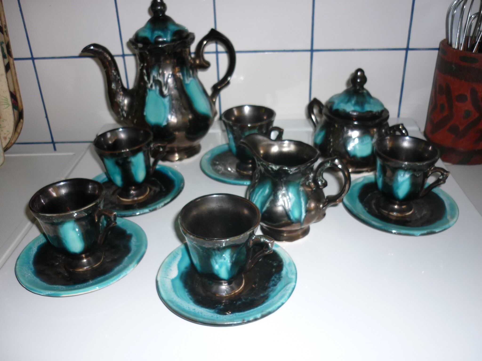Service café-thé Vallauris noir et turquoise