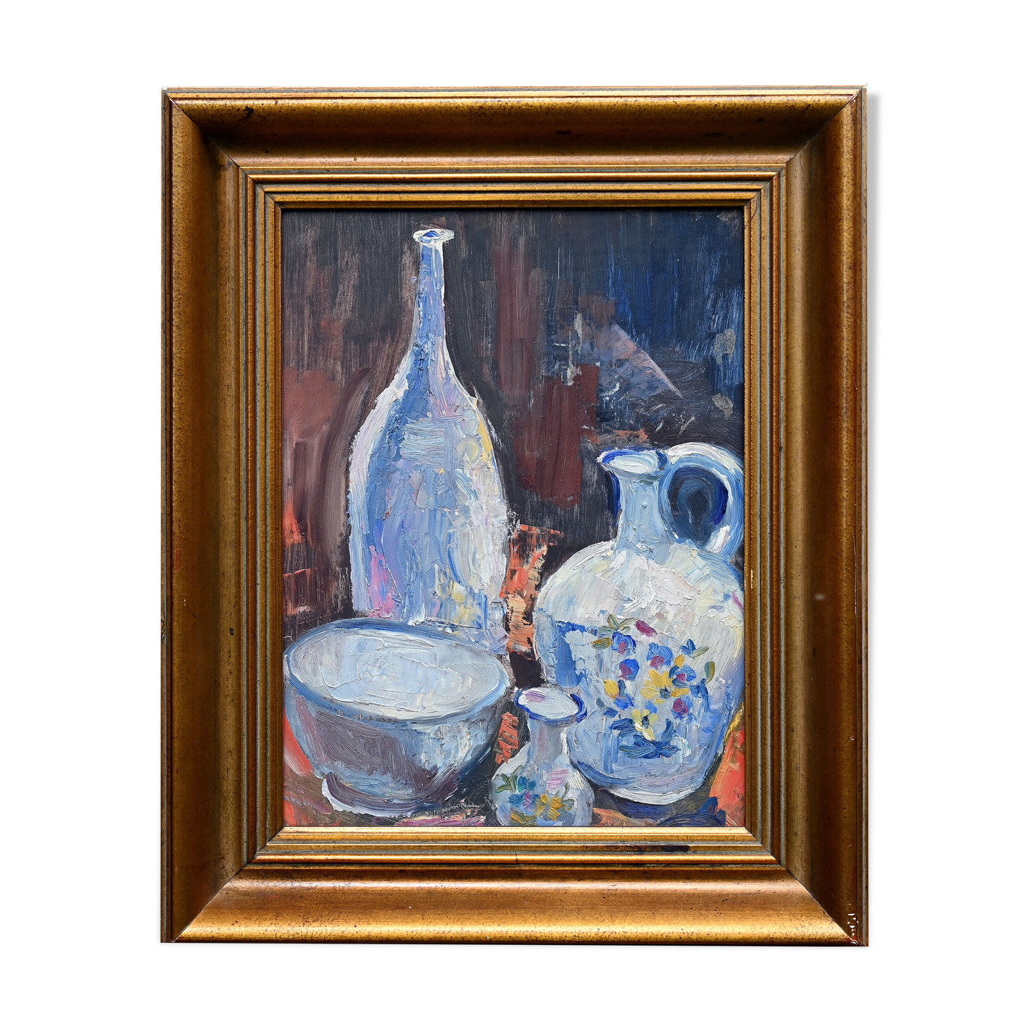 Still life painting with bowls, decanter and flower pitcher