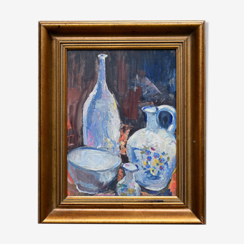 Still life painting with bowls, decanter and flower pitcher