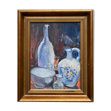 Still life painting with bowls, decanter and flower pitcher