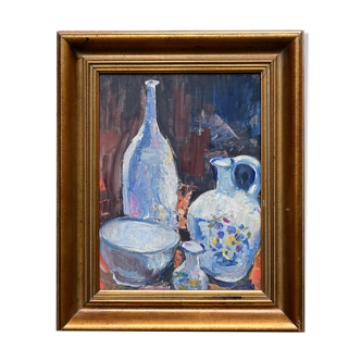 Tableau nature morte aux bol, carafe et pichet fleuri
