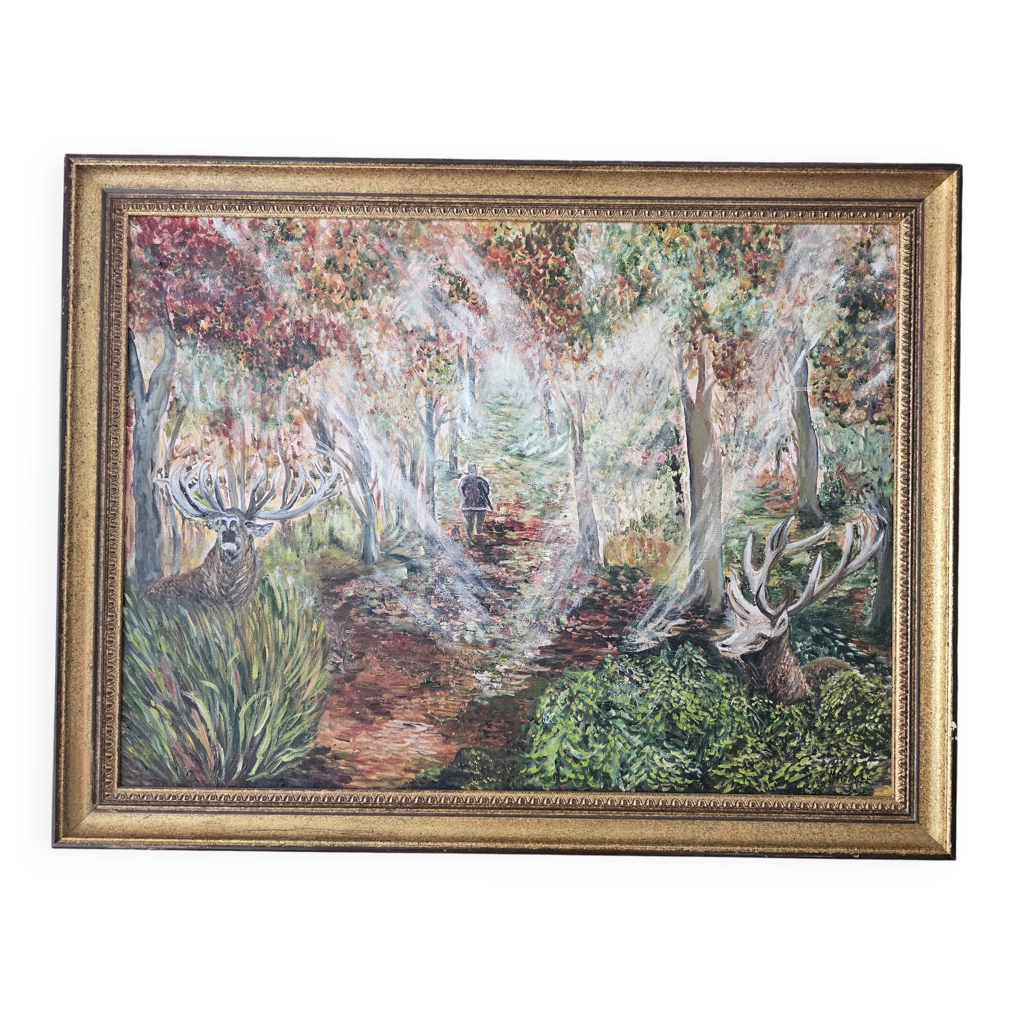 Oil on Canvas Painting Landscape Forest Hunting Scene signed M Pierret