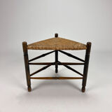 Solid oak and wicker triangular stool, 1950s