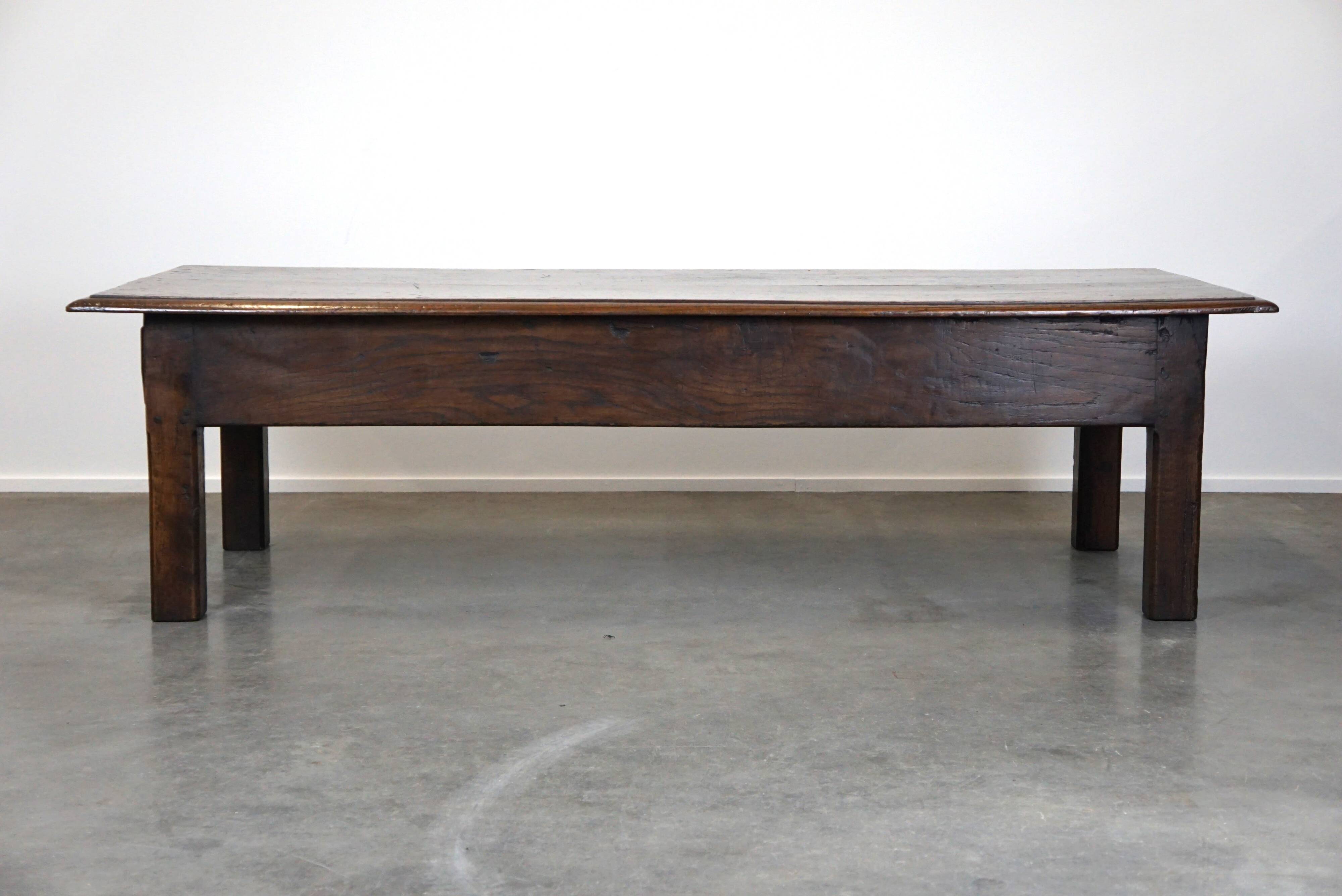 Large antique dark oak coffee table with one drawer
