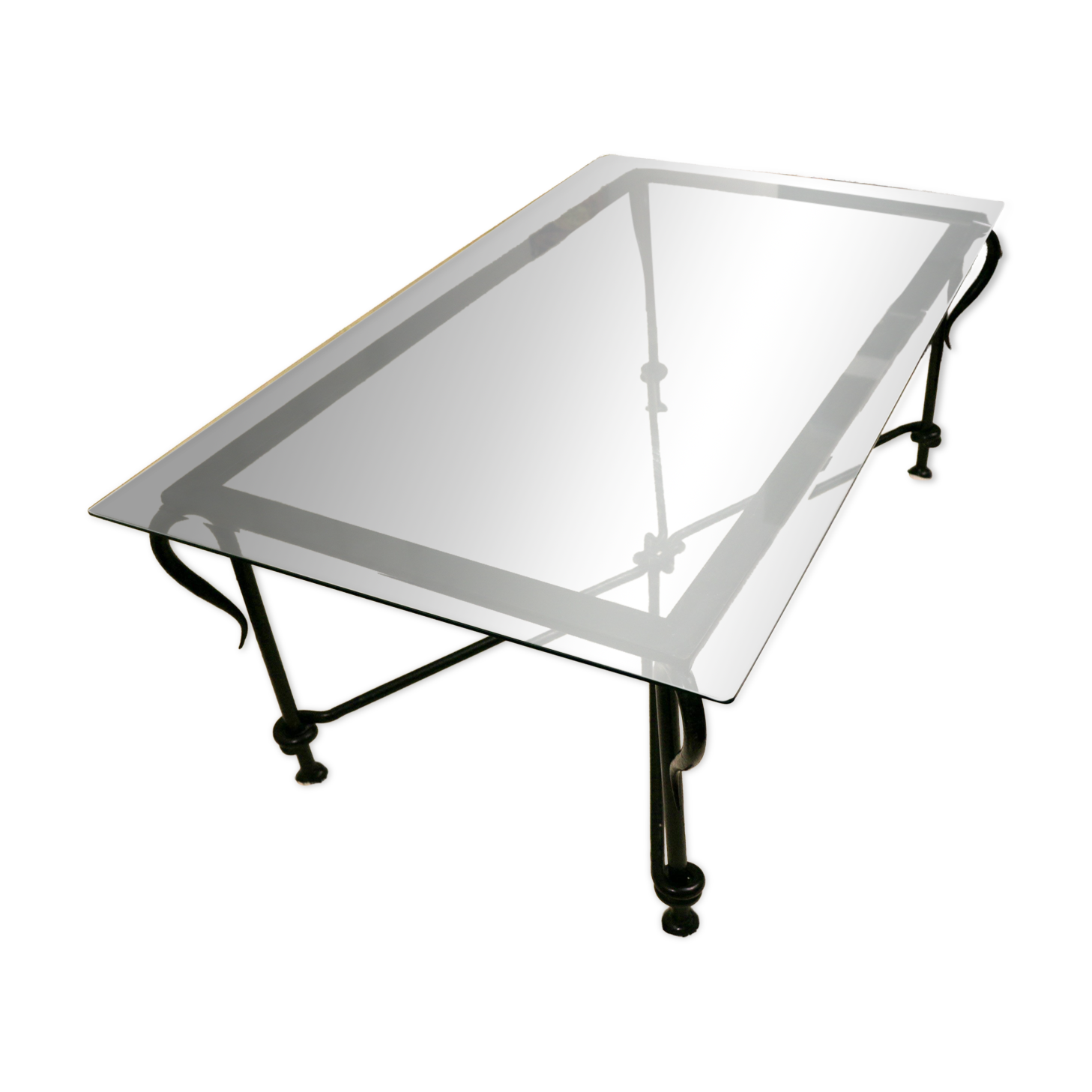 Table basse vintage – verre biseauté & fer forgé – 119×69×44 cm