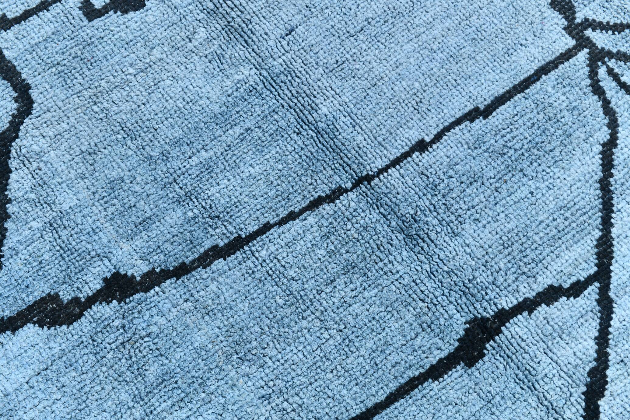 Sky Blue Wool Rug, Modern Handmade Designer Vintage Carpet, 213x281 Cm