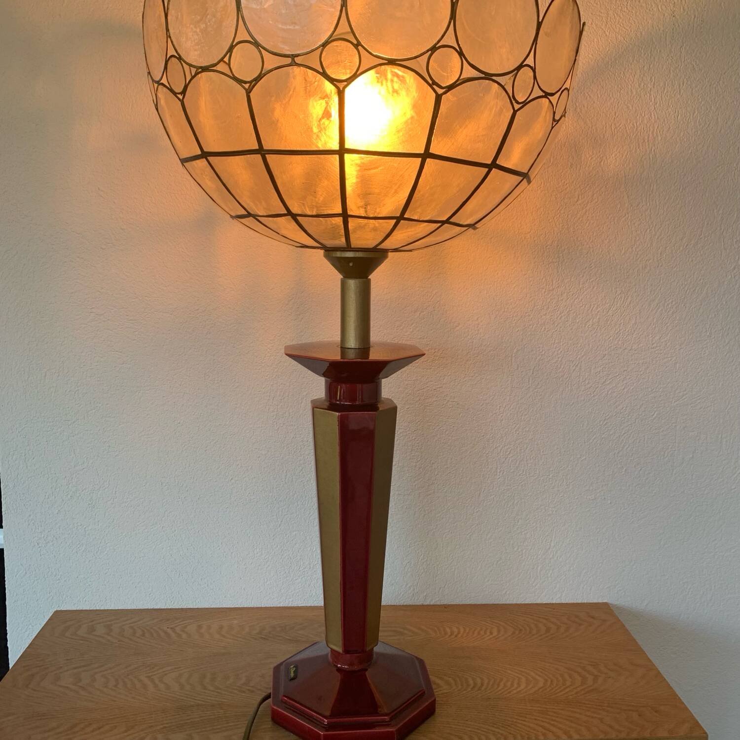▪️Vintage Lamp Le Dauphin Ceramic Bordeaux and Gold and Mother-of-pearl Lampshade Art Deco