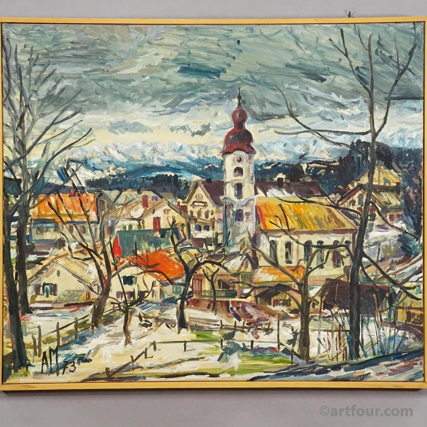 Vintage oil painting of a Bavarian village, Alexander Michael 1973.