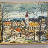 Vintage oil painting of a Bavarian village, Alexander Michael 1973.