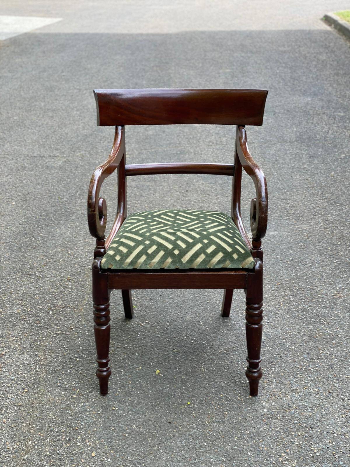 English Regency office chair in curved wood and green velvet