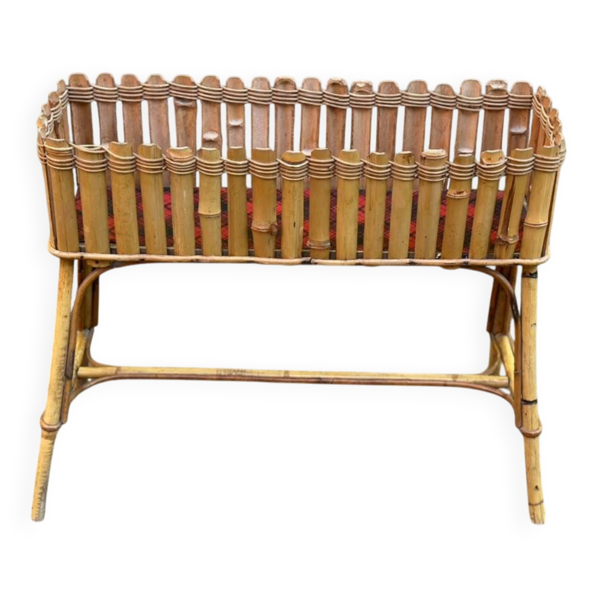 Vintage plant stand in rattan and bamboo, Bohemian 1970s.