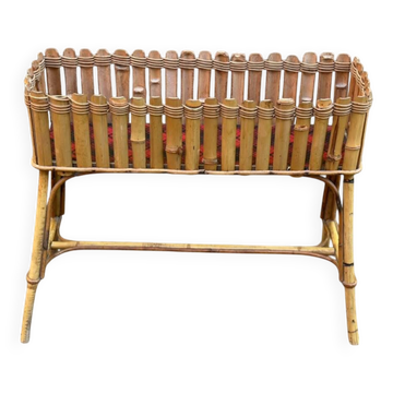 Jardinière porte-plantes vintage en rotin et bambou Bohème années 70