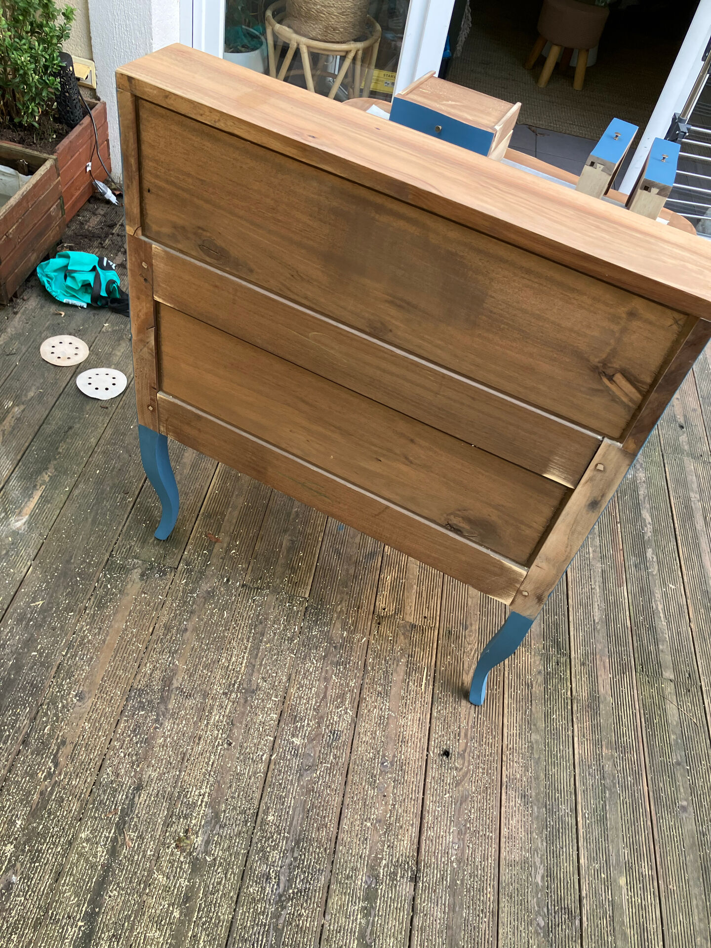 Restored antique drop-leaf secretary – natural wood & midnight blue