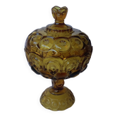 Le moon & stars amber molded glass compote candy dish, pedestal