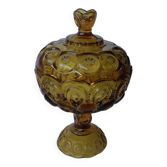 Bonbonnière à compote en verre moulé ambré l.e. moon & stars, piédestal