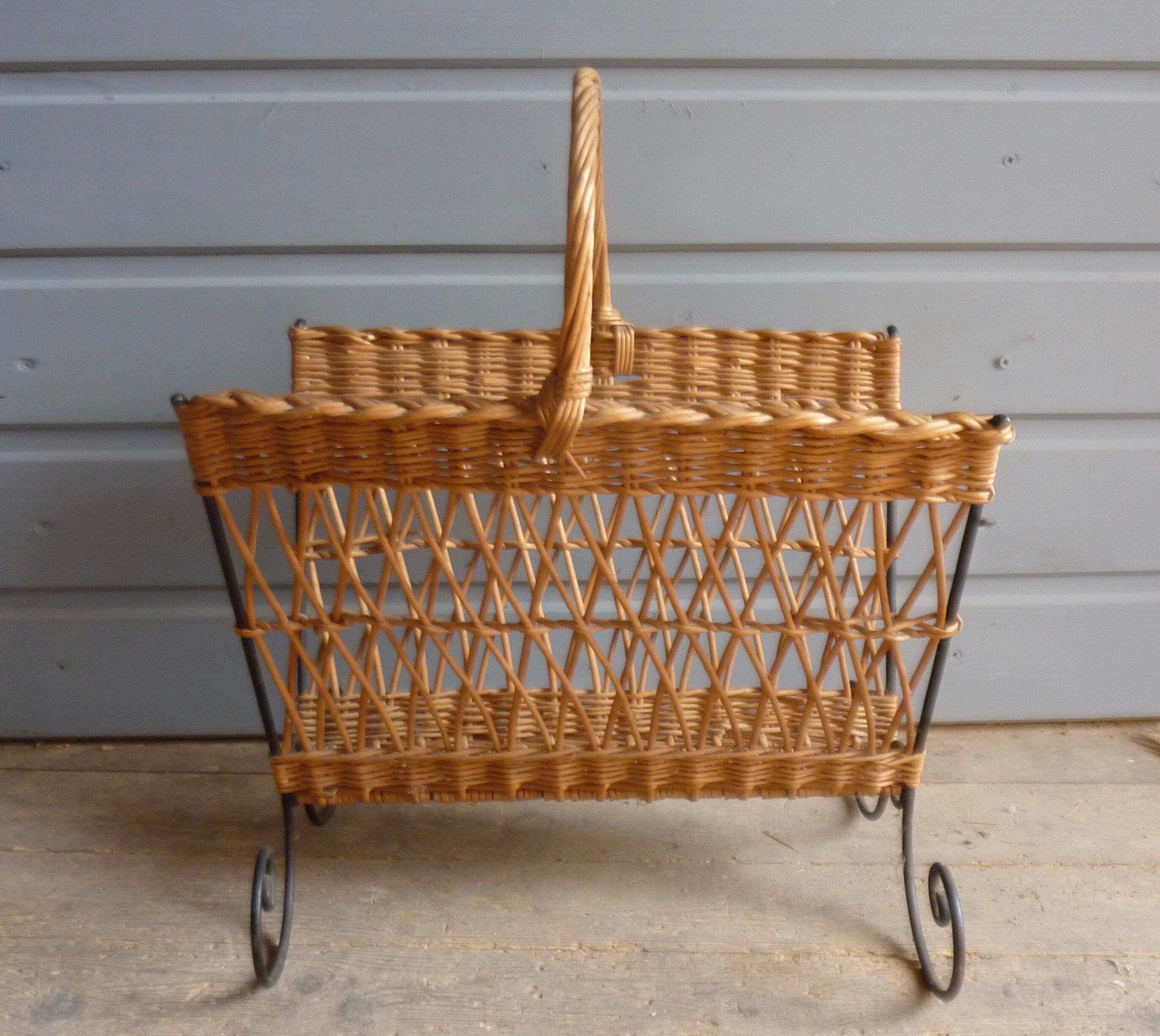 Metal and rattan magazine holder, 1960s