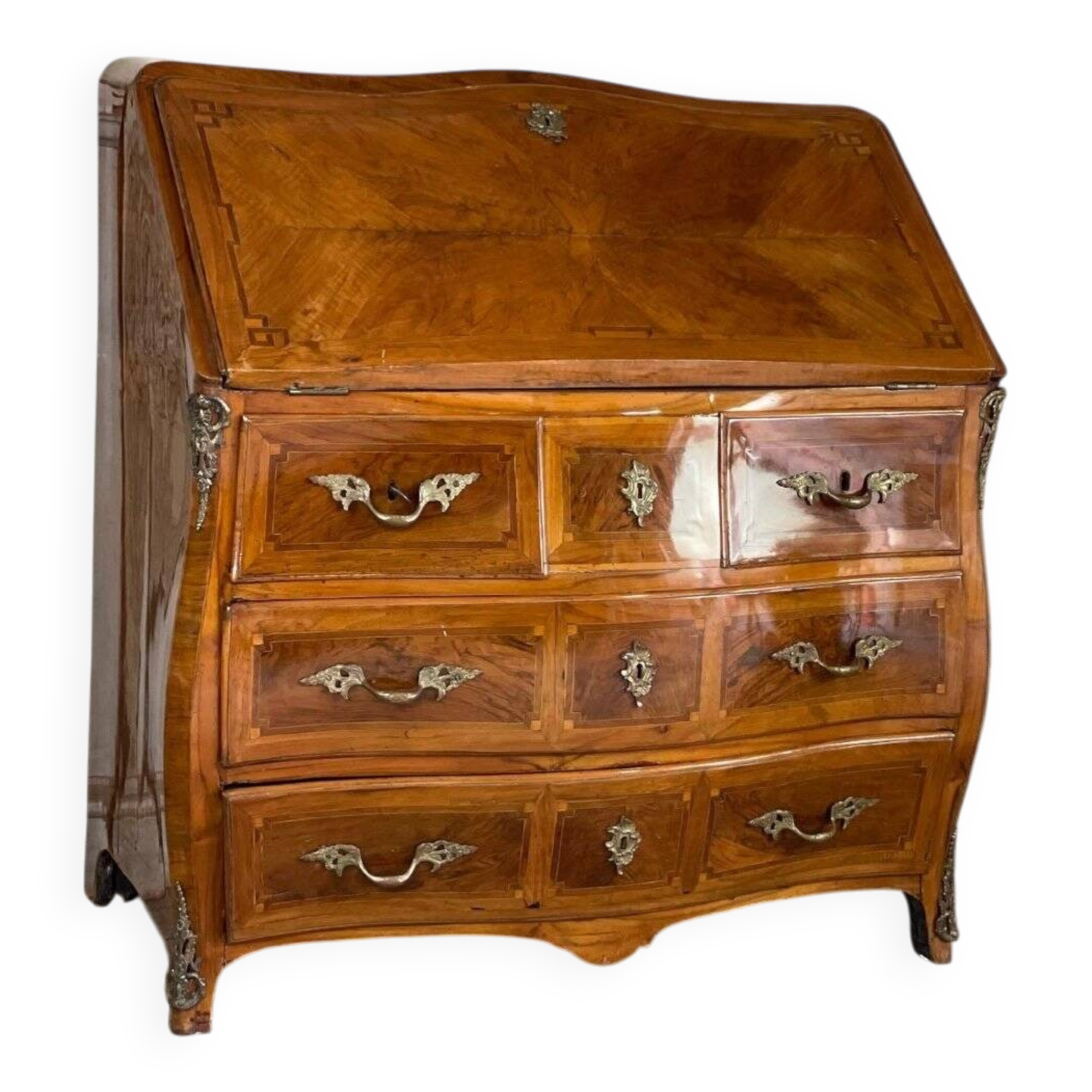 Commode scriban ou bureau de pente, plaque de fruitier, XVIIIème siècle