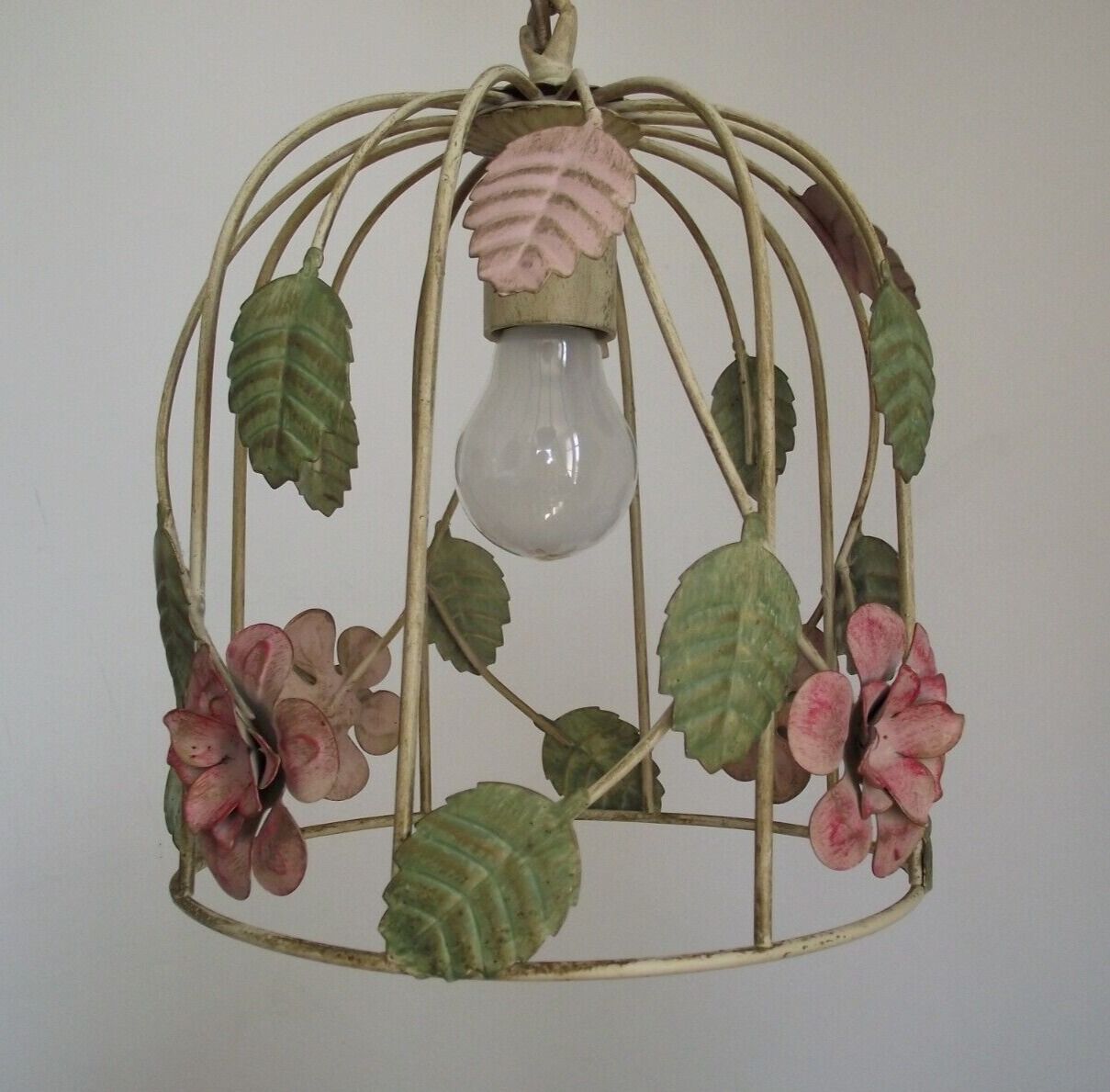 French vintage single bulb Toleware cage light with pink and green flowers