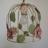 French vintage single bulb Toleware cage light with pink and green flowers
