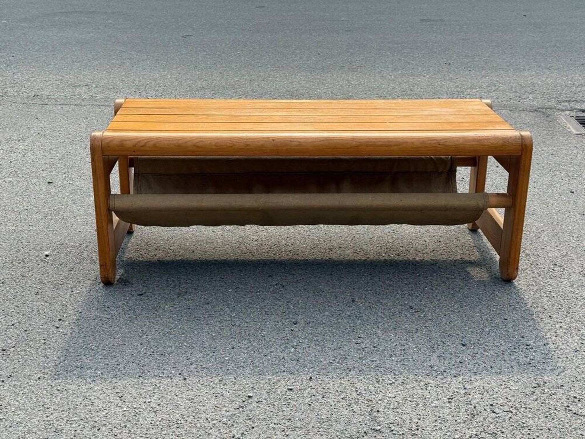 Scandinavian pine bench with canvas storage, 1970s