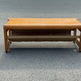 Scandinavian pine bench with canvas storage, 1970s