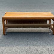 Scandinavian pine bench with canvas storage, 1970s