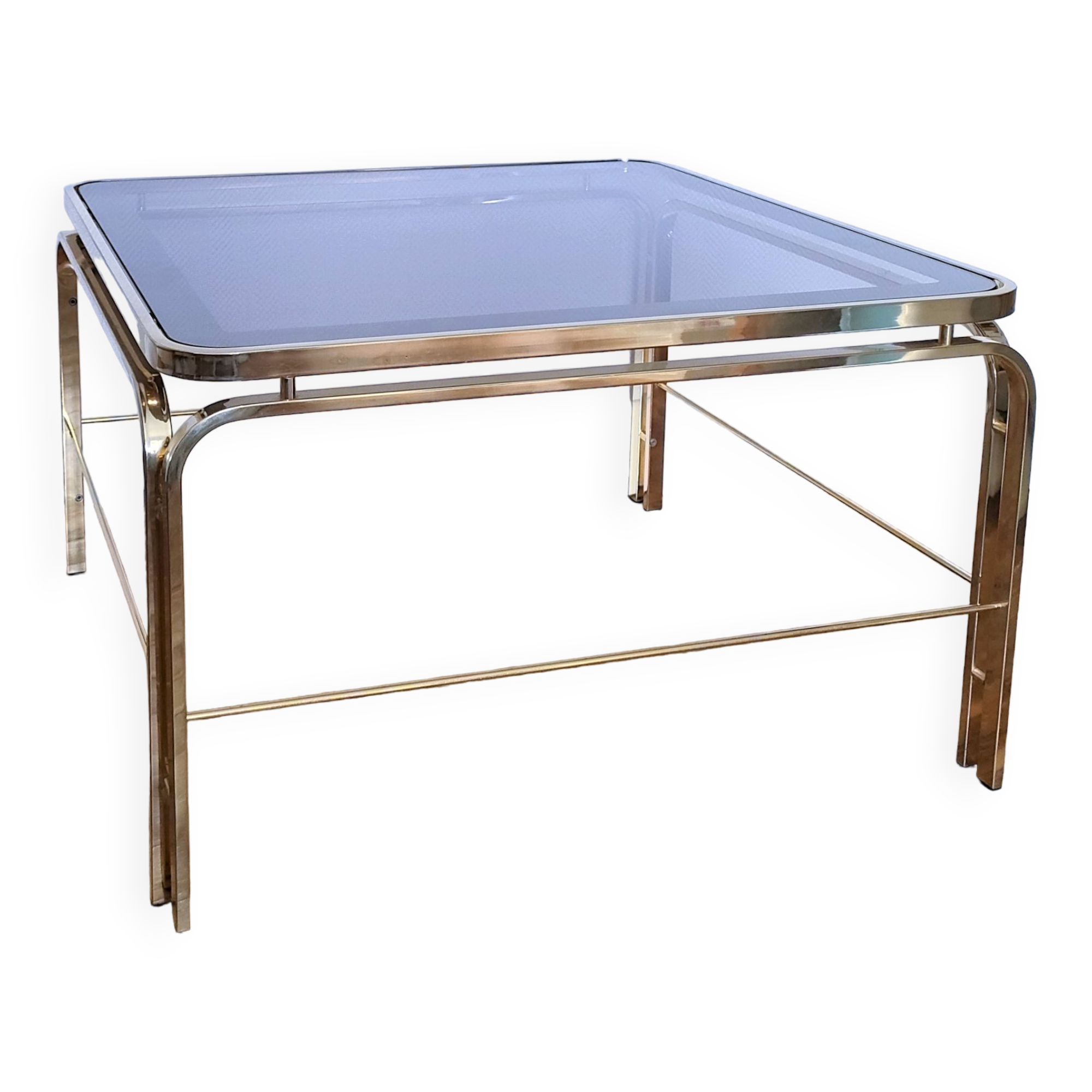 Coffee table glass smoked metal gilded Italian design 80s stamped