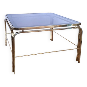 Table basse verre fumé métal doré design italien années 80 estampillée