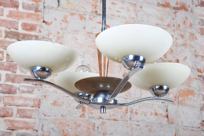 Art Deco Chandelier in Chromed Steel and Beech, Czech, 1920s