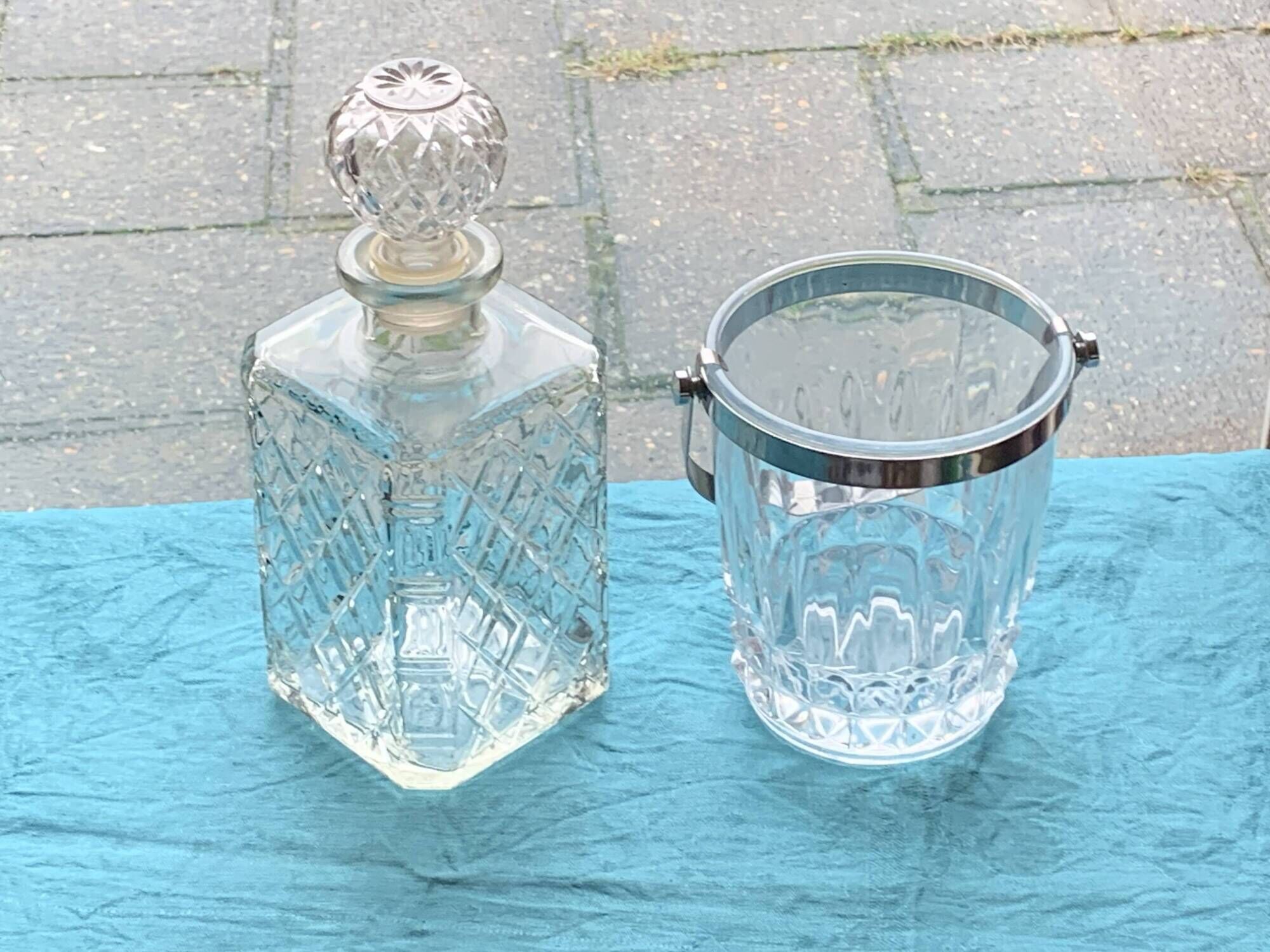 Whiskey carafe and ice bucket stamped crystal d'arques in vintage transparent glass