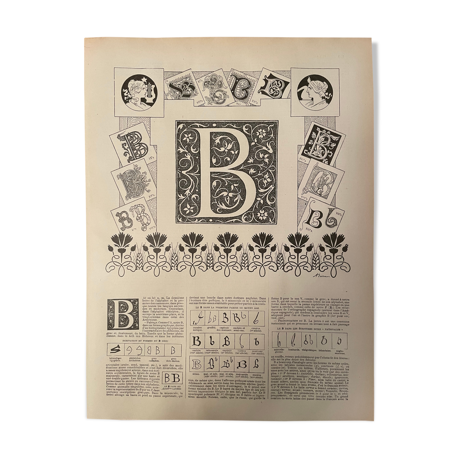 Lithograph engraving alphabet letter B of the New Larousse Illustrated 1897
