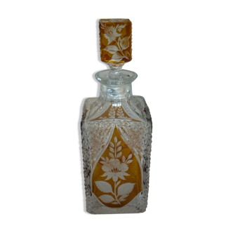 Carafe a whisky en cristal de bohème fleurs gravées marron