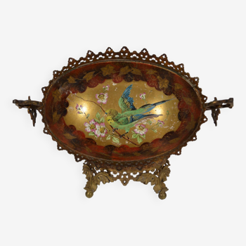 Choisy Le Roi Ceramic bowl decorated with bird and branch of cherry tree in bloom, metal frame