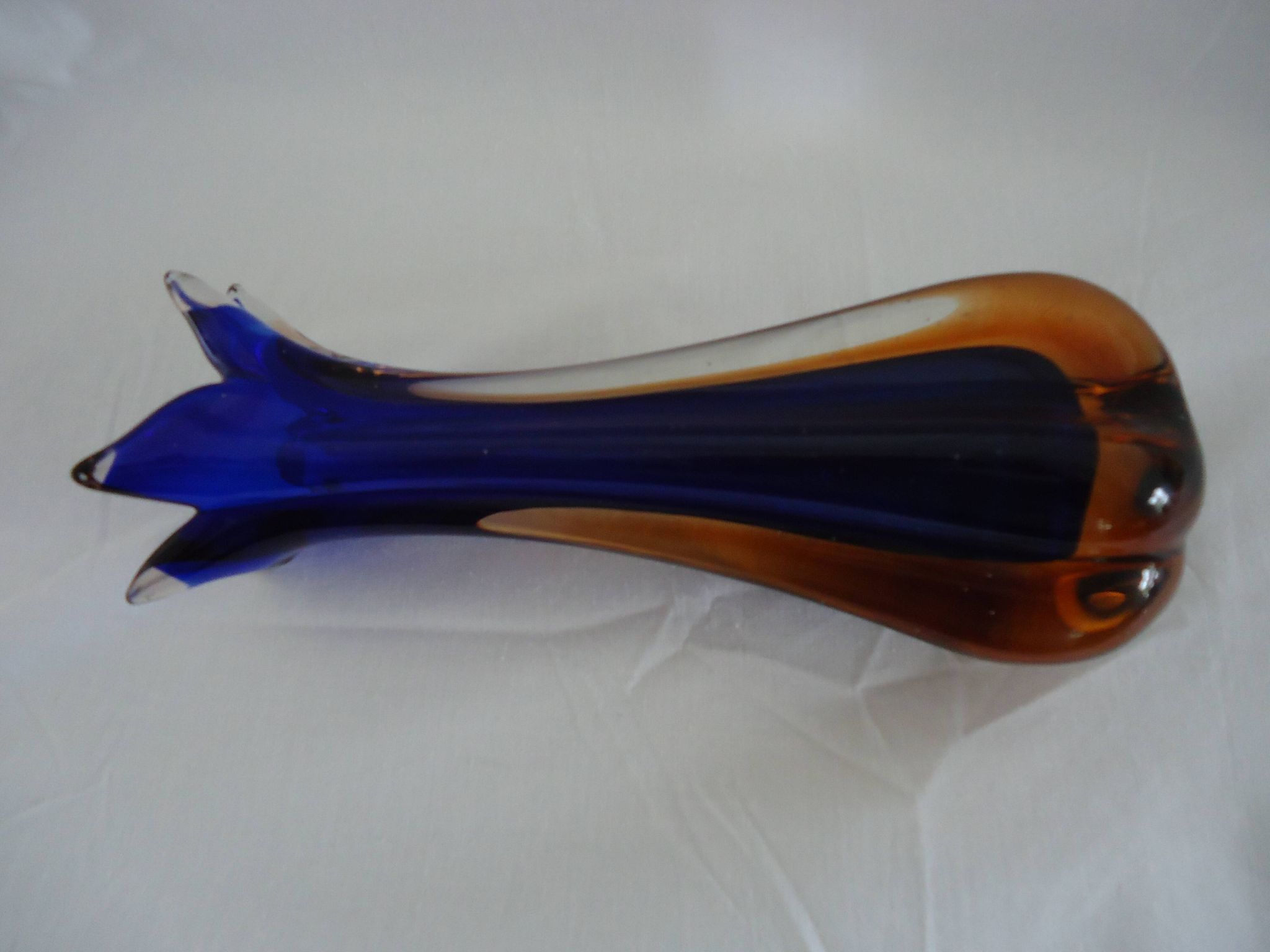 Vintage cobalt blue and amber blown glass vase in Murano style.