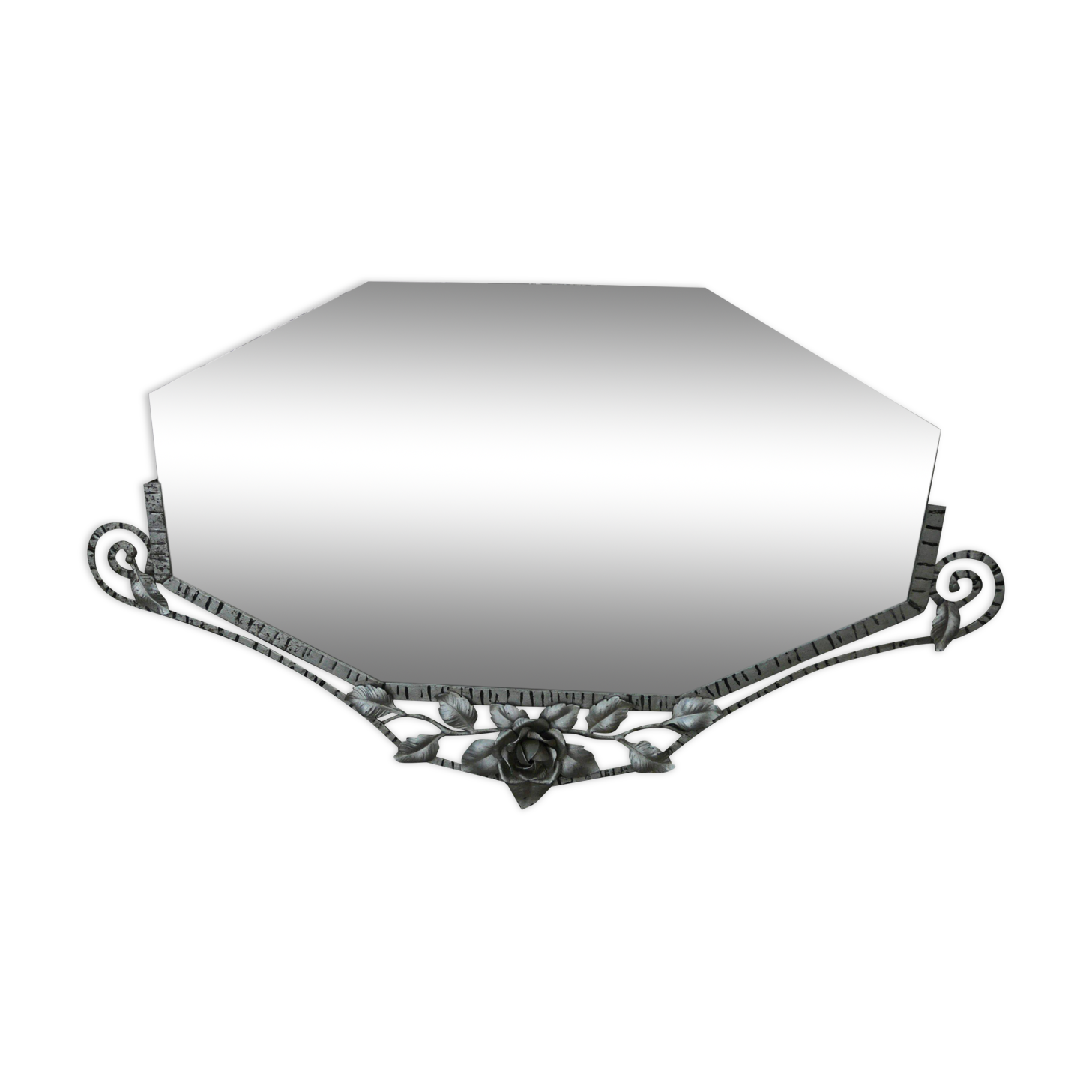 Beveled mirror with art-deco wrought iron frame and floral decor with hanging chain