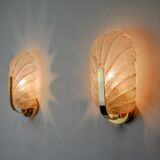 Pair of frosted leaf sconces, murano glass, italy, 1970