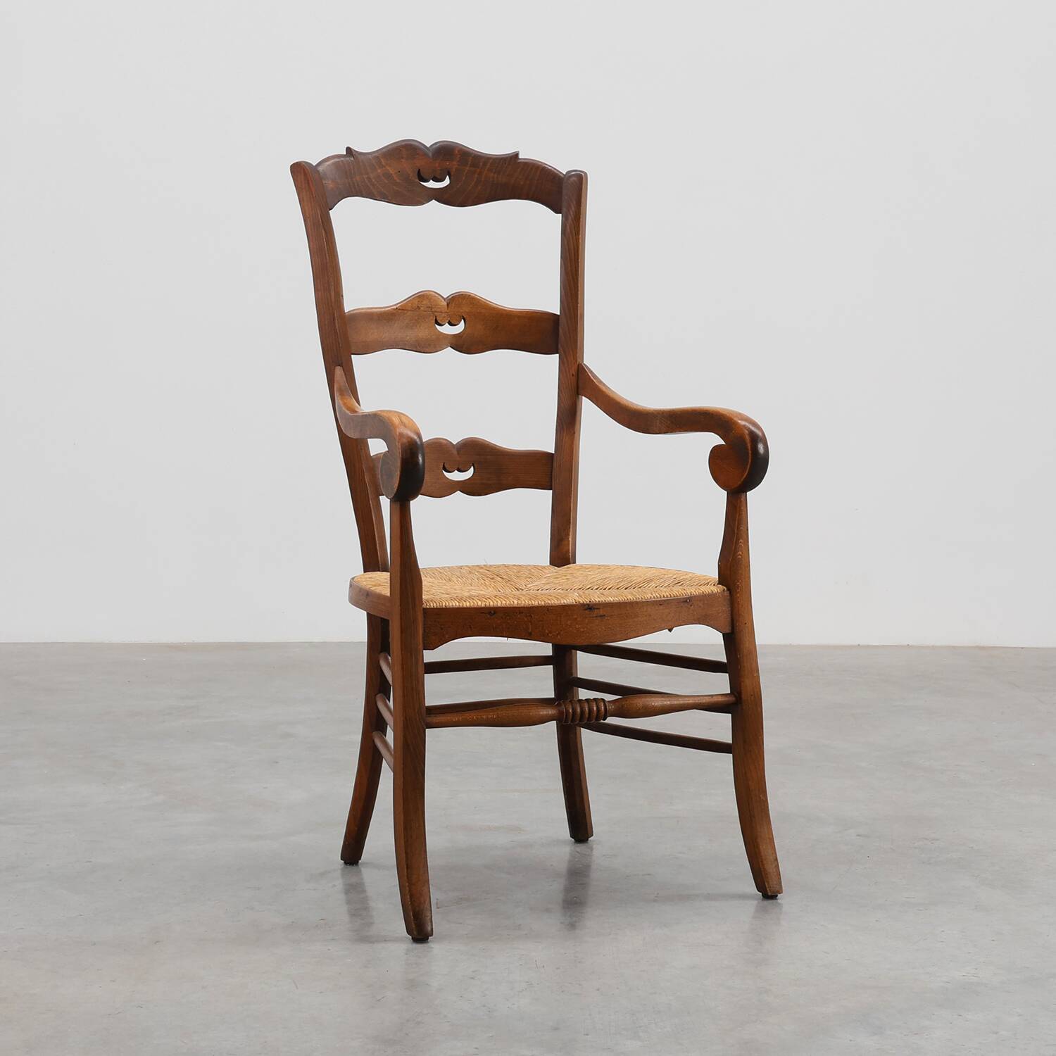 French Provincial Ladder‑Back Armchair with Woven Rush Seat, 19th century