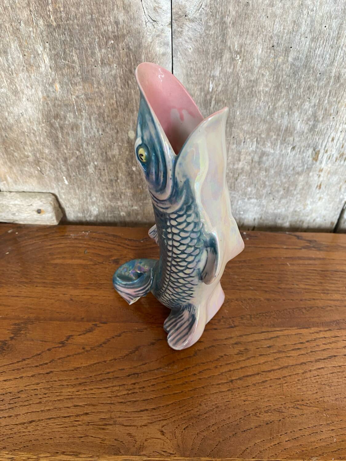Antique fish shaped vase porcelain from france iridescent vintage