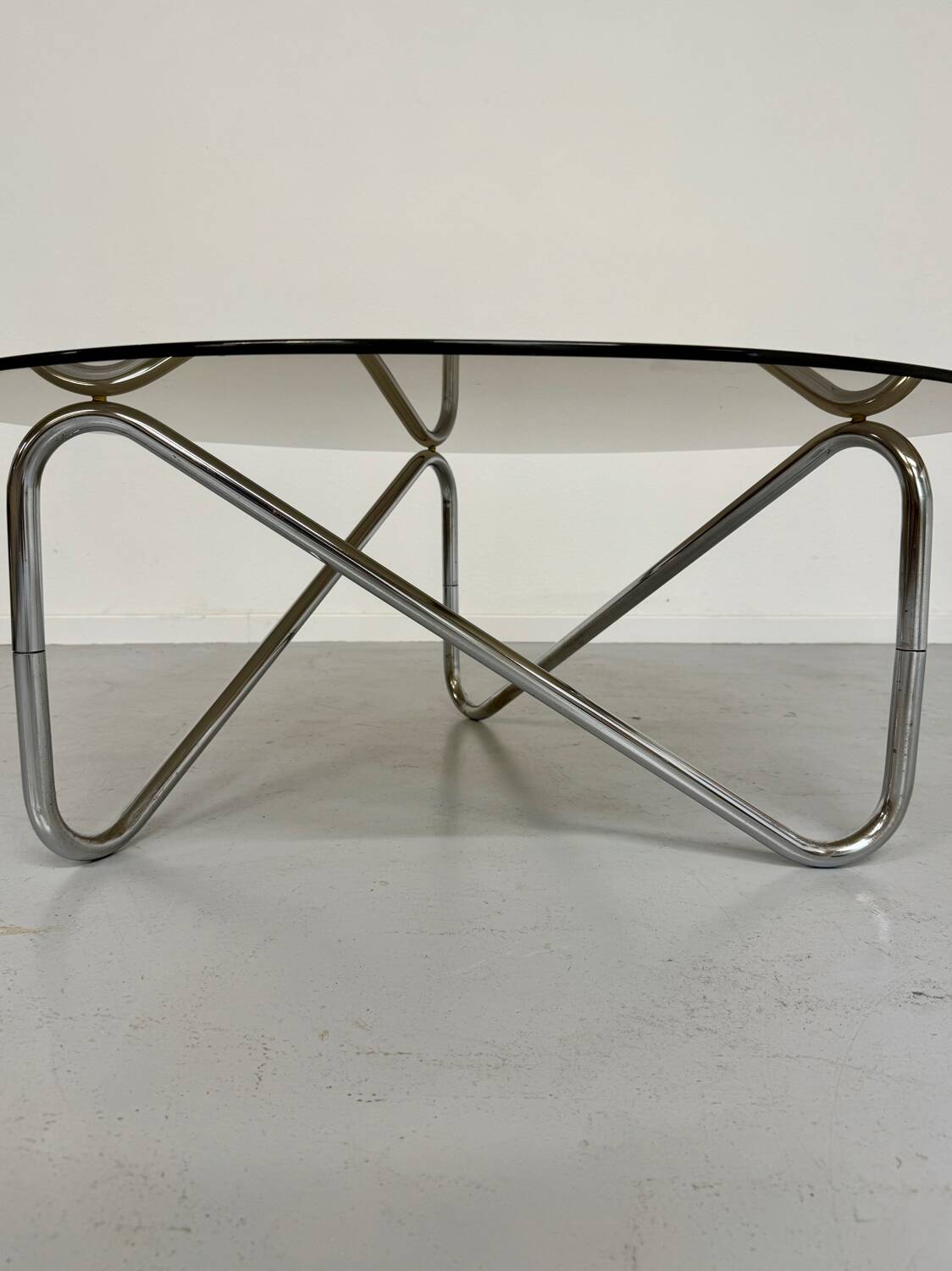 Tubular coffee table and smoked glass, French design, vintage 60s