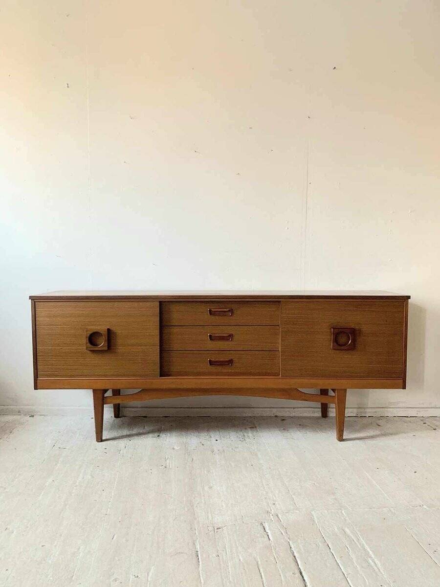Mid-century teak enfilade, low Scandinavian sideboard from the 1960s with drawers and sliding doors.