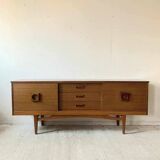 Mid-century teak enfilade, low Scandinavian sideboard from the 1960s with drawers and sliding doors.