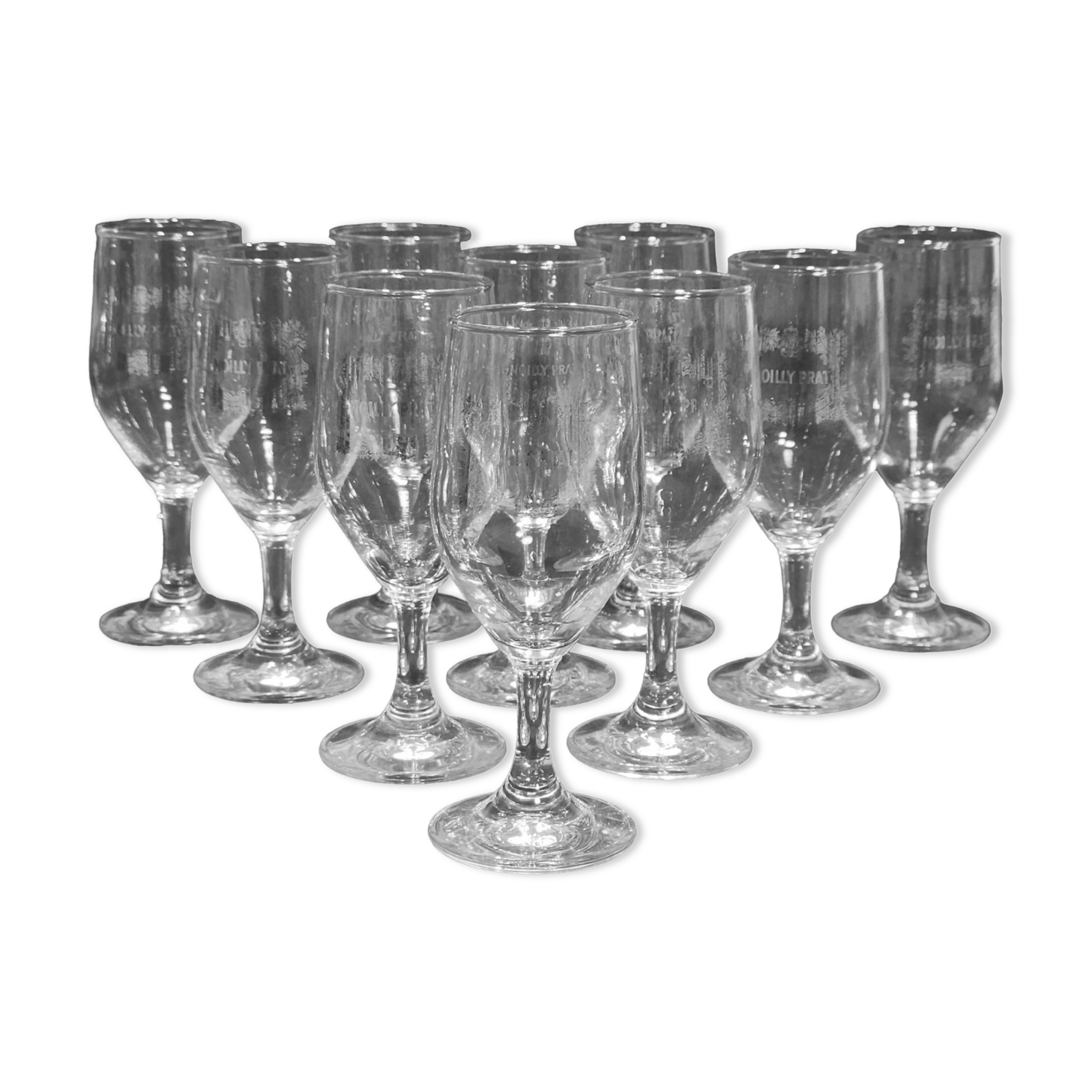 Vintage 10 glasses aperitif Noilly Prat on foot with golden inscription