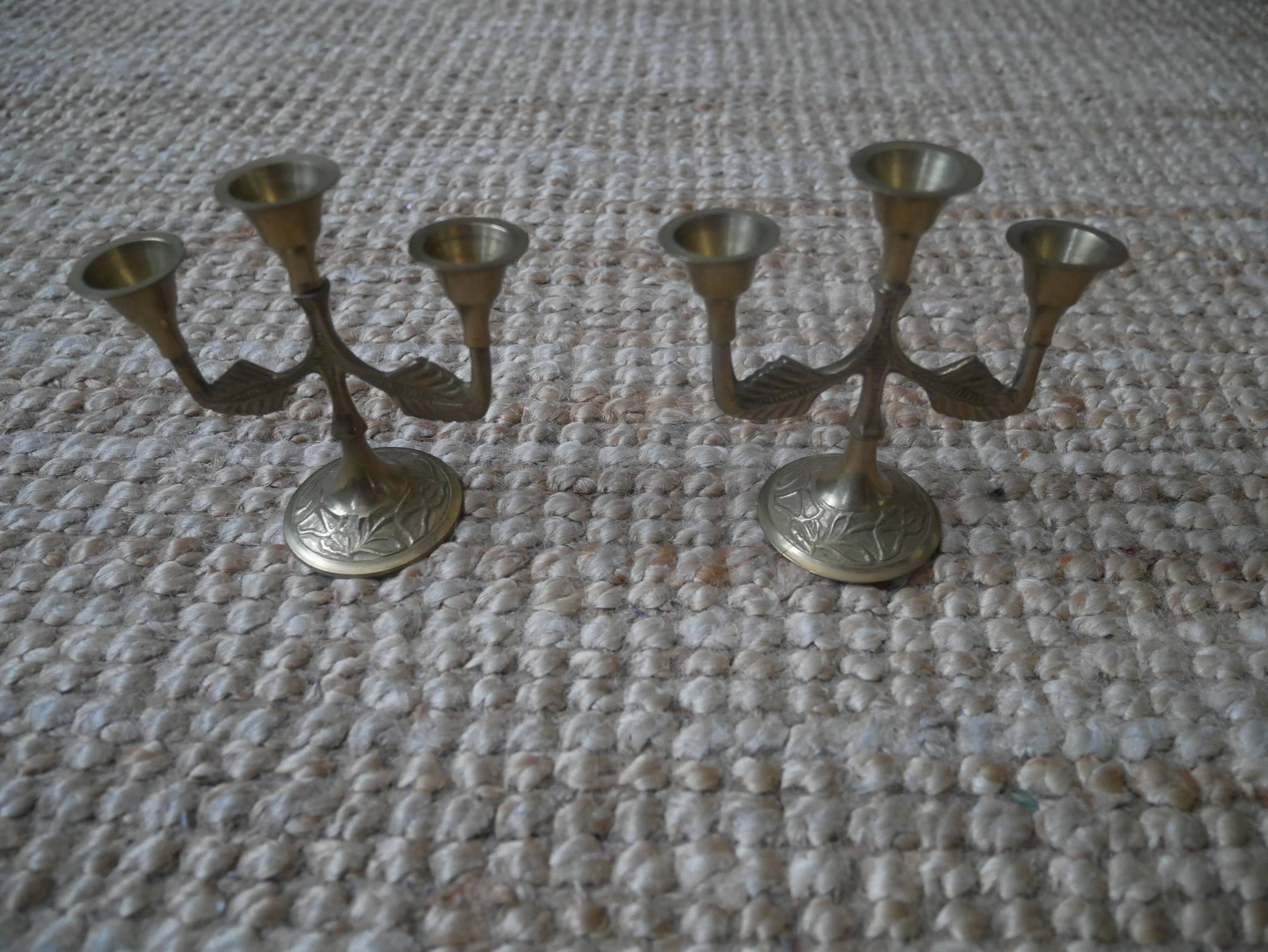 Pair of brass candlesticks in gold metal, Scandinavian bohemian decoration, old candlesticks